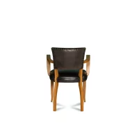 Bridge club chair with armrests, black leather and light oak, back view