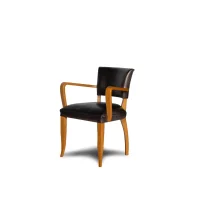 Bridge club chair with armrests, black leather and light oak, 3/4 view