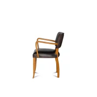 Bridge club chair with armrests, black leather and light oak, side view